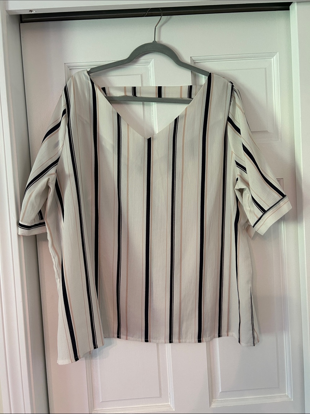 Cream Blouse with Black Vertical Stripes